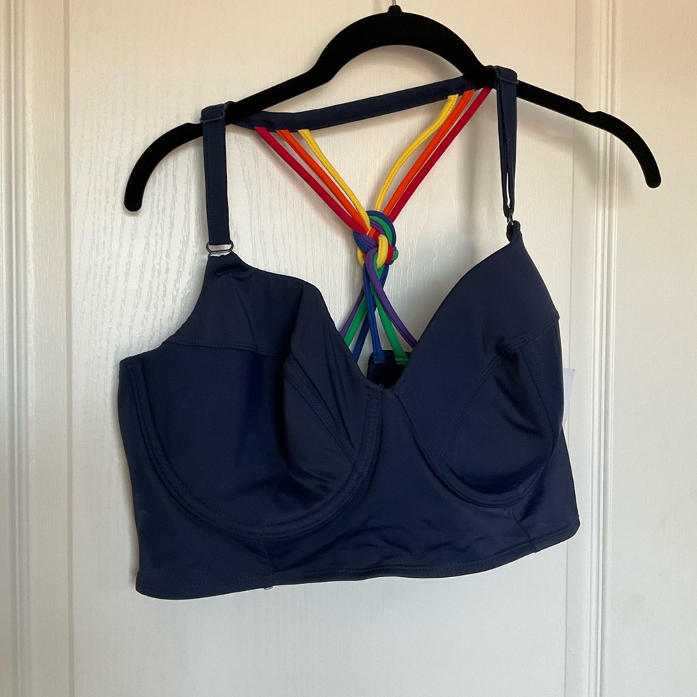 Navy Bikini Top with Rainbow Strappy Back
